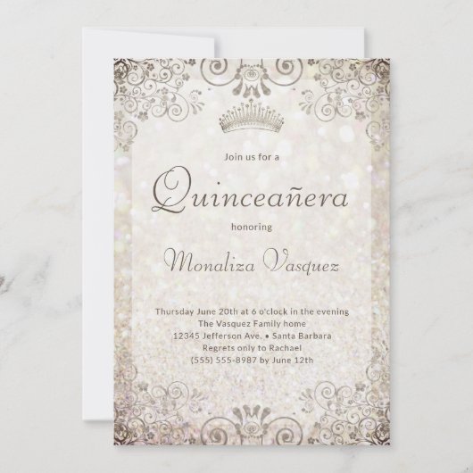 金ゴールドエレガントグリッターキンセアニラ15誕生日 招待状 (正面)