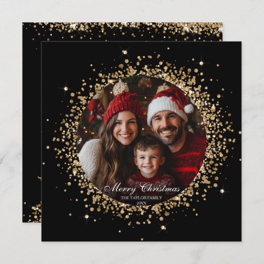 金ゴールドエレガントグリッタークリスマスツリーファミリーフォト (正面/裏面)