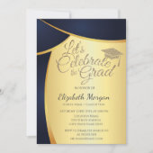 金ゴールドエレガントグリッターグラッドキャップ、ブルー金ゴールド卒業 招待状 (正面)