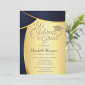 金ゴールドエレガントグリッターグラッドキャップ、ブルー金ゴールド卒業 招待状 (スタンド正面)