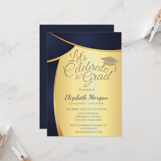 金ゴールドエレガントグリッターグラッドキャップ、ブルー金ゴールド卒業 招待状 (正面/裏面インサイチュ)