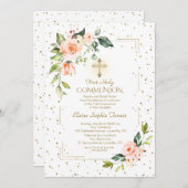 金ゴールドエレガントグリッターサンゴの花神聖な聖餐式 招待状 (正面/裏面)