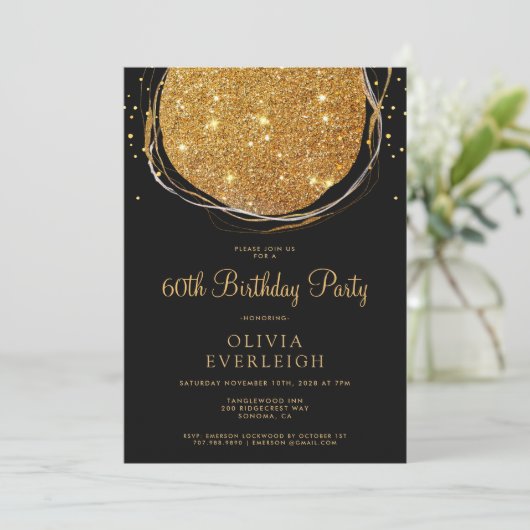 金ゴールドエレガントグリッターサークル60th誕生日パーティー 招待状 (スタンド正面)