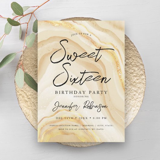 金ゴールドエレガントグリッターシックマーブルグラムスウィート16 招待状