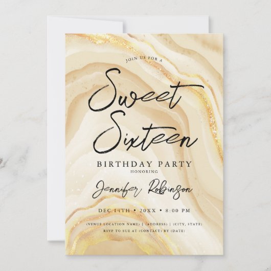 金ゴールドエレガントグリッターシックマーブルグラムスウィート16 招待状 (正面)