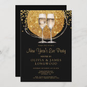 金ゴールドエレガントグリッターシャンパンニューイヤーズイブ 招待状 (正面/裏面)