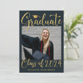 金ゴールドエレガントグリッタースクリプトシックブルーフォトグラード 案内状 (スタンド正面)