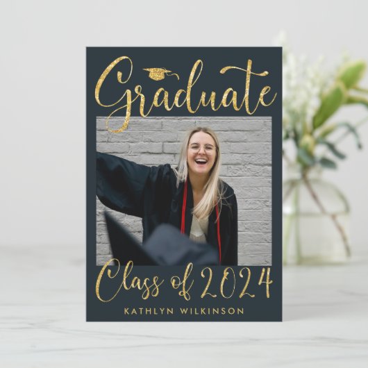 金ゴールドエレガントグリッタースクリプトシックブルーフォトグラード 案内状 (スタンド正面)