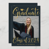 金ゴールドエレガントグリッタースクリプトシックブルーフォトグラード 案内状 (正面/裏面)