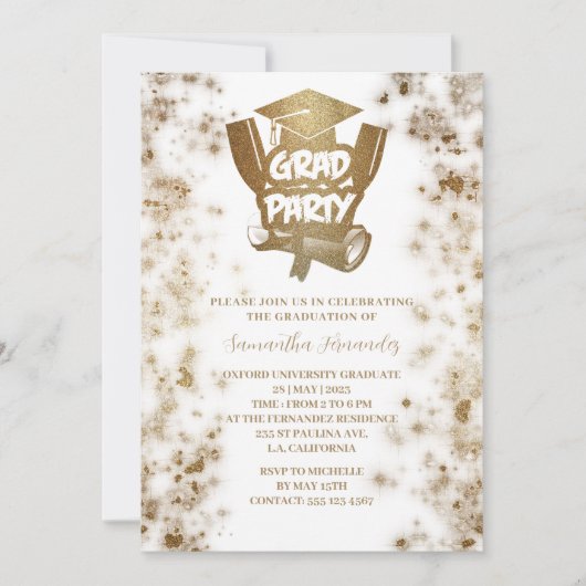 金ゴールドエレガントグリッタースタイリッシュ卒業党 招待状 (正面)