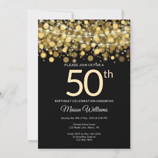 金ゴールドエレガントグリッターストリングライト50th birthday 招待状 (正面)