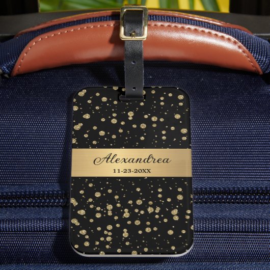 金ゴールドエレガントグリッタースパークルブラックパーソナライズ ラゲッジタグ (正面インサイチュ2)