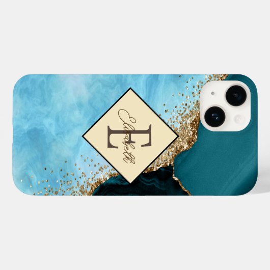 金ゴールドエレガントグリッターターコイズマーブルモノグラム Case-Mate iPhoneケース (裏面 (横))