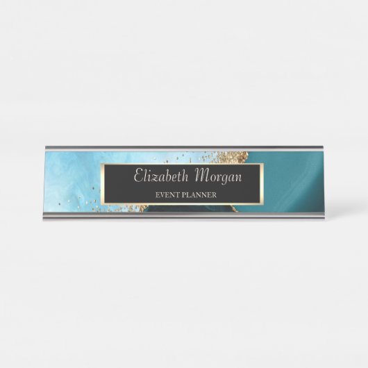 金ゴールドエレガントグリッターターコイズ大理石、フレーム デスクネームプレート (正面)