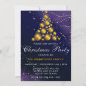 金ゴールドエレガントグリッターツリーブルークリスマスパーティー 招待状 (正面)