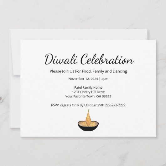 金ゴールドエレガントグリッターディヤランプディワリお祝い 招待状 (正面)