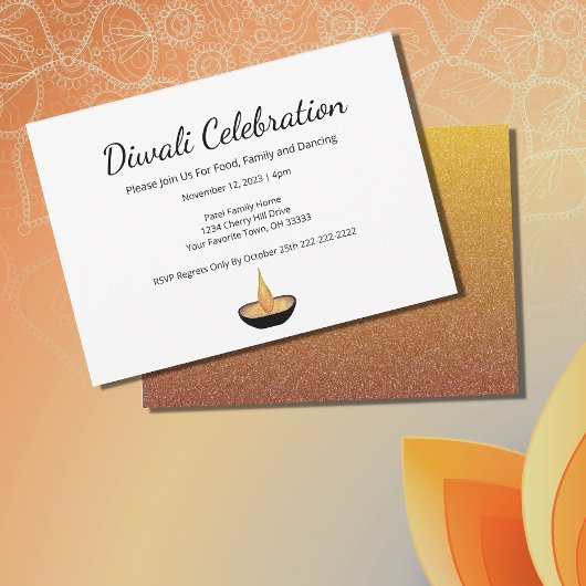 金ゴールドエレガントグリッターディヤランプディワリお祝い 招待状