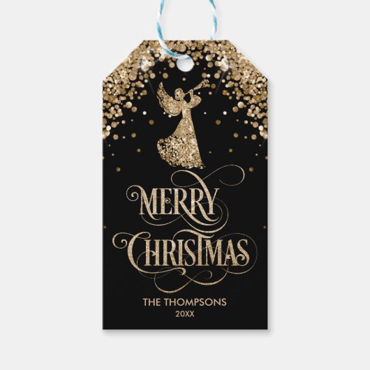 金ゴールドエレガントグリッタートランペットエンジェルメリークリスマス ギフトタグ (正面)