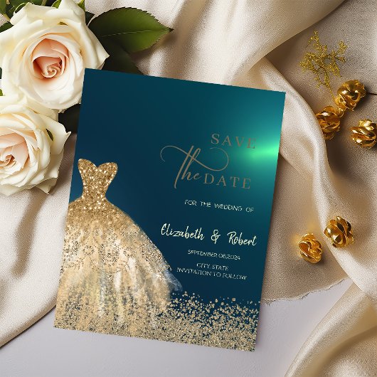金ゴールドエレガントグリッタードレス緑の日付保存 セーブザデート