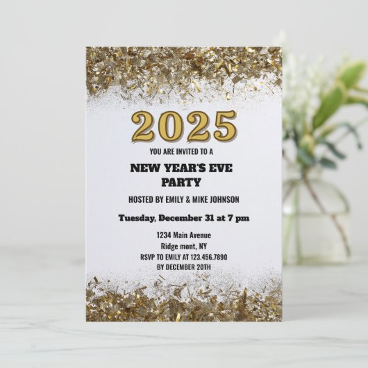 金ゴールドエレガントグリッターニューイヤーイーブホワイト2025 招待状 (スタンド正面)
