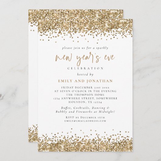 金ゴールドエレガントグリッターニューイヤーイーブホワイト 招待状 (正面/裏面)