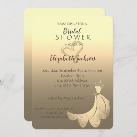金ゴールドエレガントグリッターハート、ドレスブライダルシャワー 招待状 (正面/裏面)