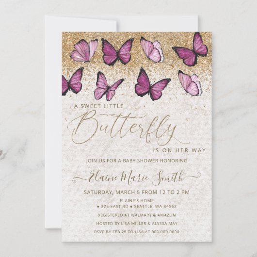 金ゴールドエレガントグリッターピンクバタフライベビーシャワー 招待状 (正面)
