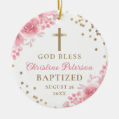 金ゴールドエレガントグリッターピンクフローラバプテスマ写真 セラミックオーナメント (正面)