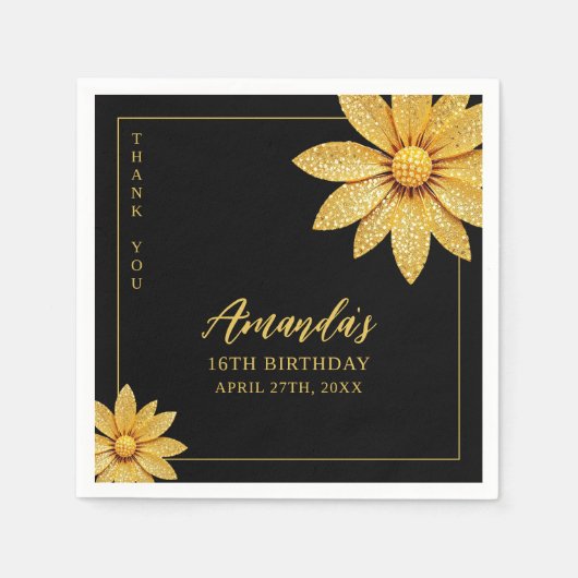 金ゴールドエレガントグリッターフラワースウィート16誕生日 スタンダードカクテルナプキン (正面)