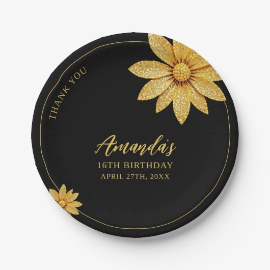 金ゴールドエレガントグリッターフラワースウィート16誕生日 ペーパープレート (正面)