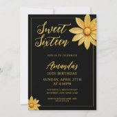 金ゴールドエレガントグリッターフラワースウィート16誕生日 招待状 (正面)