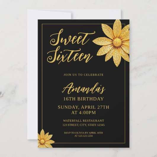 金ゴールドエレガントグリッターフラワースウィート16誕生日 招待状 (正面)