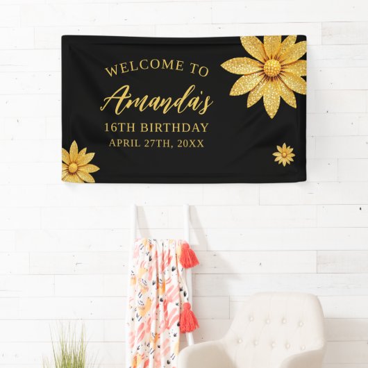 金ゴールドエレガントグリッターフラワースウィート16誕生日 横断幕 (インサイチュ)