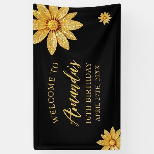 金ゴールドエレガントグリッターフラワースウィート16誕生日 横断幕 (縦)