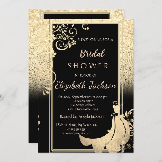金ゴールドエレガントグリッターフラワーズドレスブライダルシャワー 招待状 (正面/裏面)
