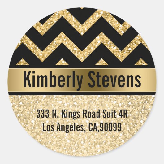 金ゴールドエレガントグリッターブラックシェブロン金ゴールドアクセント ラウンドシール (正面)