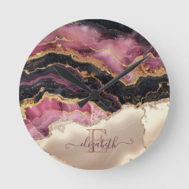 金ゴールドエレガントグリッターブラックブルゴーニュモノグラム ラウンド壁時計