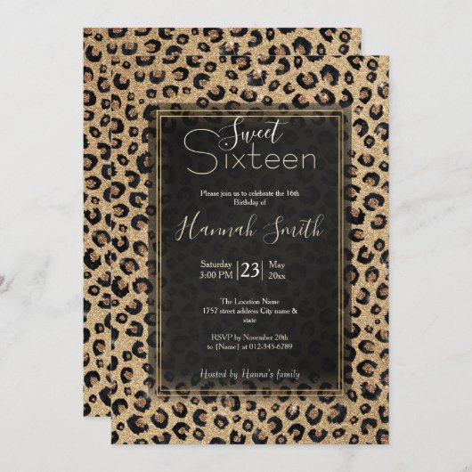 金ゴールドエレガントグリッターブラックレオパード印刷 招待状 (正面/裏面)