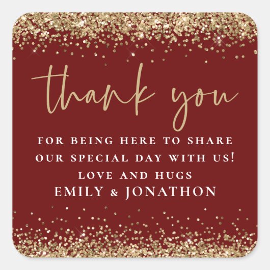 金ゴールドエレガントグリッターブルゴーニュありがとうメッセージ スクエアシール (正面)