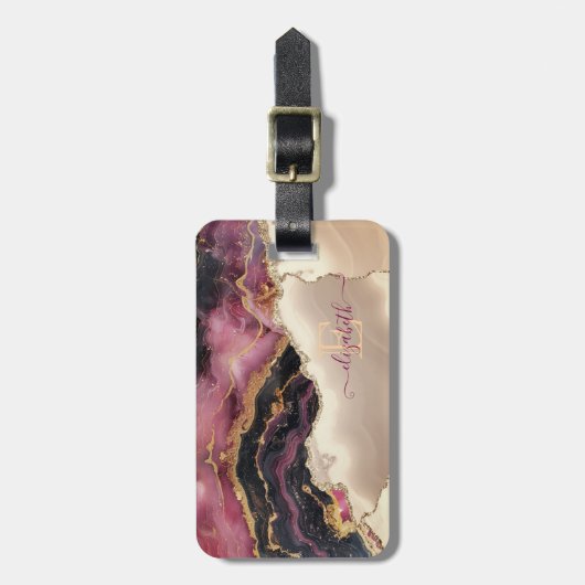金ゴールドエレガントグリッターブルゴーニュマーブルモノグラム ラゲッジタグ (正面縦)