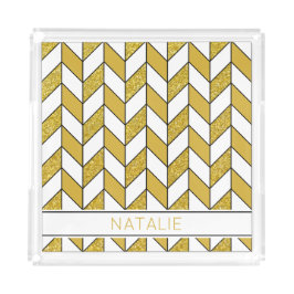 金ゴールドエレガントグリッターヘリンボーンシェブロンパターン アクリルトレー