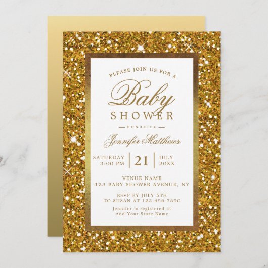 金ゴールドエレガントグリッターベビーシャワー招待状 招待状 (正面/裏面)