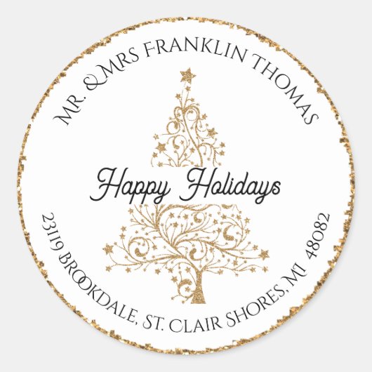金ゴールドエレガントグリッターホリデー差出人住所 ラウンドシール (正面)