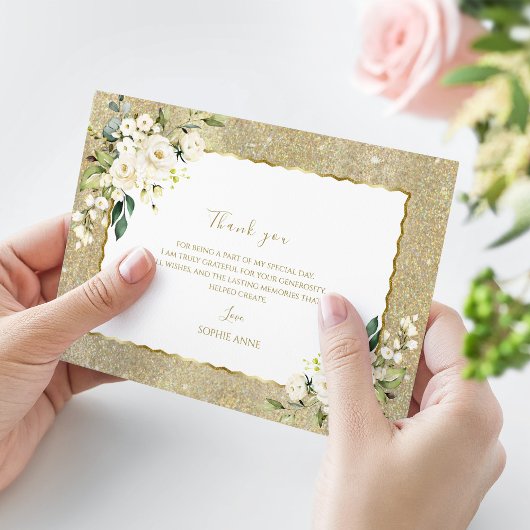 金ゴールドエレガントグリッターホワイトフラワーズウーマン誕生日 サンキューカード