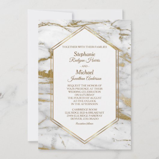 金ゴールドエレガントグリッターホワイトマーブル結婚ズ 招待状 (正面)