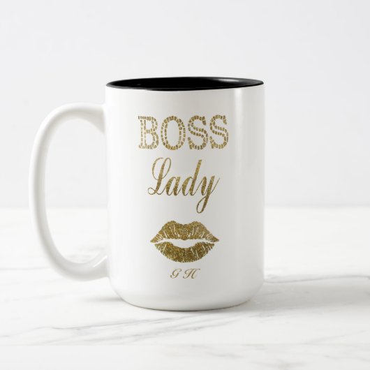 金ゴールドエレガントグリッターボスレディタイポグラフィモノグラム ツートーンマグカップ (左)