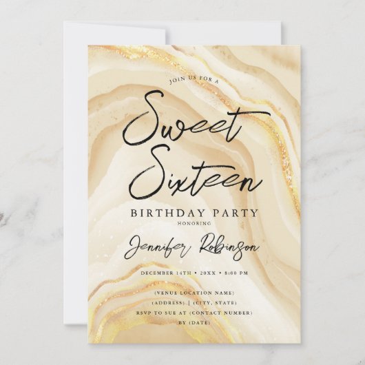 金ゴールドエレガントグリッターマーブルスウィート16誕生日 招待状 (正面)