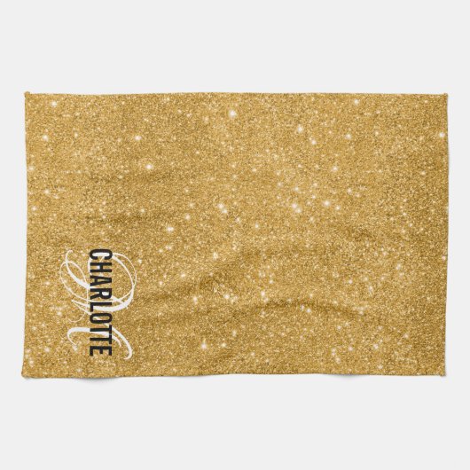 金ゴールドエレガントグリッターモノグラム名キッチンタオル キッチンタオル (横)