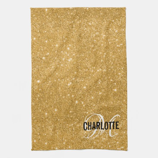 金ゴールドエレガントグリッターモノグラム名キッチンタオル キッチンタオル (縦)