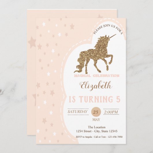 金ゴールドエレガントグリッターユニコーンスター誕生日 招待状 (正面/裏面)
